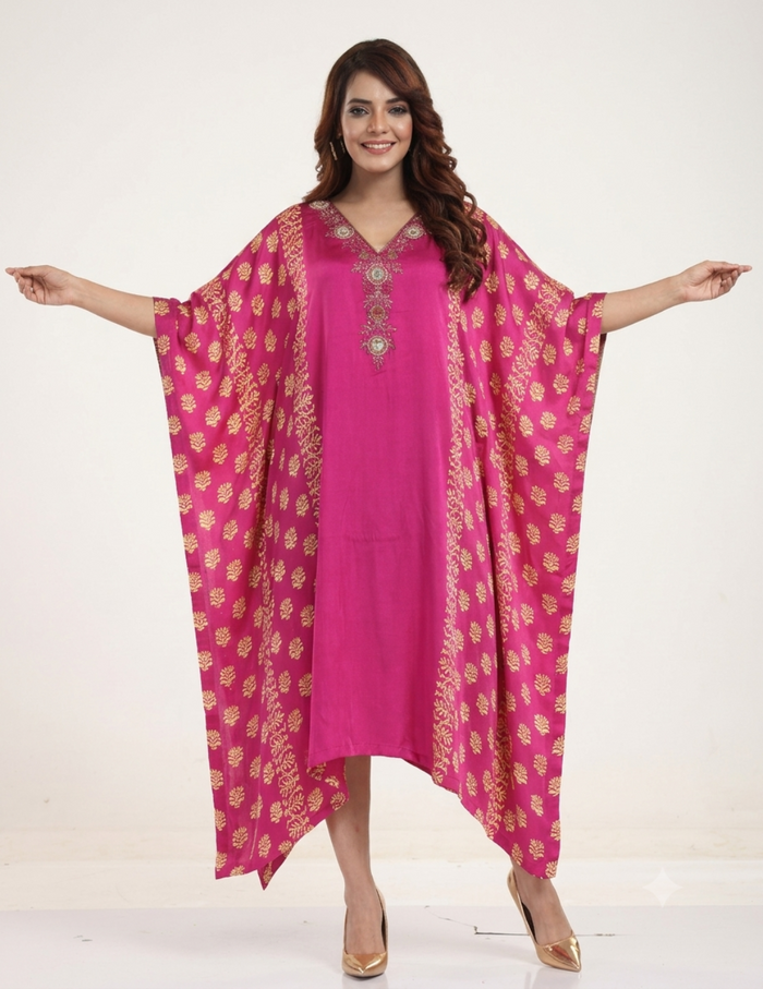 A woman modeling a bright pink caftan with gold floral patterns and a matching printed dupatta, set against a plain white studio background.