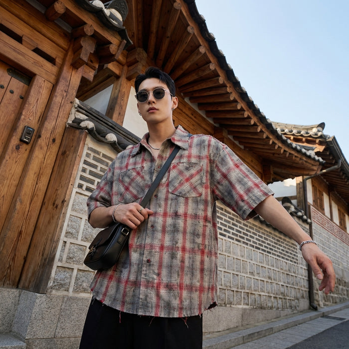 Chemise à carreaux oversize rouge, style streetwear k-fashion