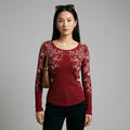 T-shirt manches longues gaufre rouge pour femme - Koreanxwear - Taille S