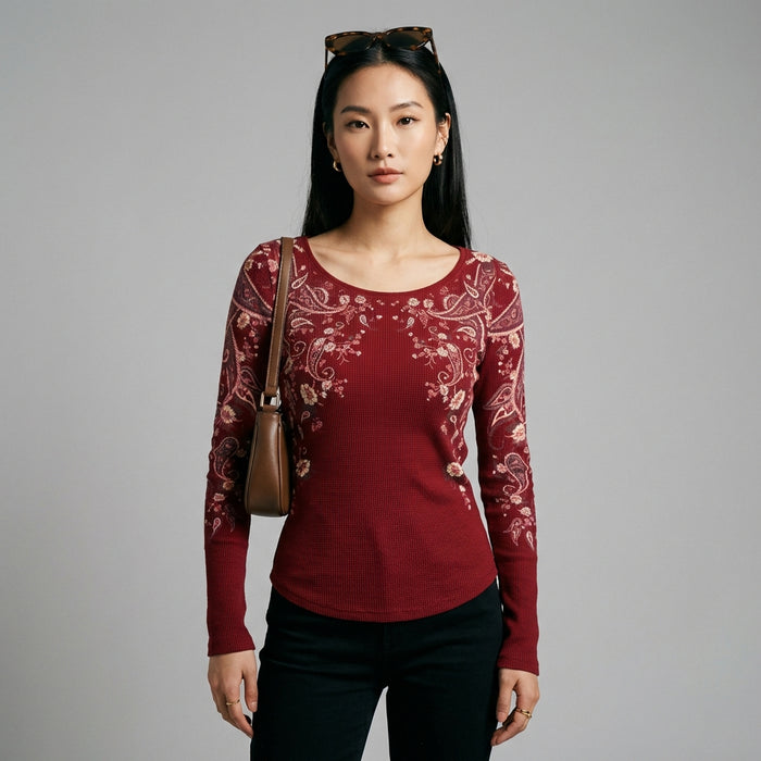 T-shirt manches longues gaufre rouge pour femme - Koreanxwear - Taille S
