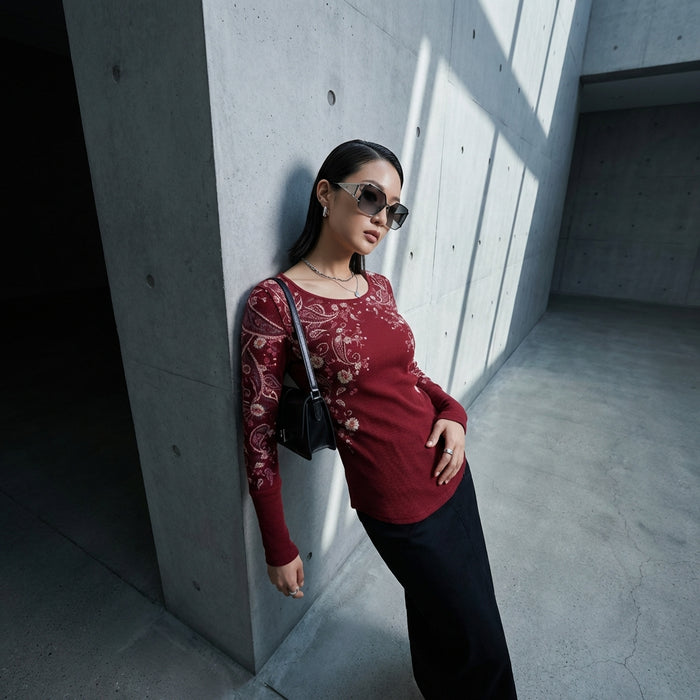 T-shirt manches longues gaufre rouge pour femme - Koreanxwear