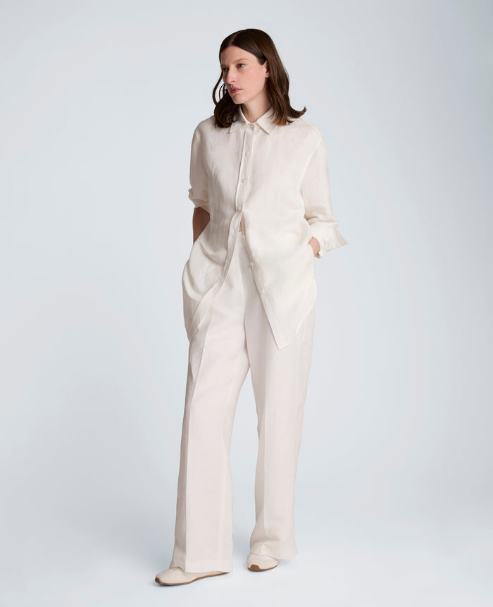 Refined Linen Drop Shoulder Button Front Boyfriend Shirt