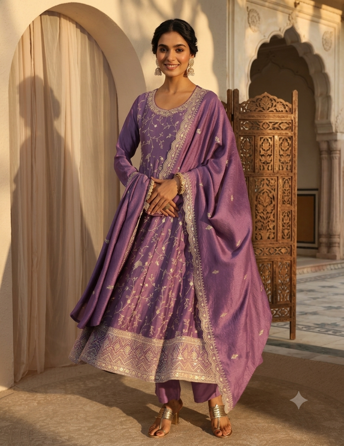 A woman models a traditional Indian outfit consisting of a lavender purple kurta with gold embroidery, matching trousers, and a coordinating dupatta, set against an elegant architectural background with arches and a carved wooden screen.