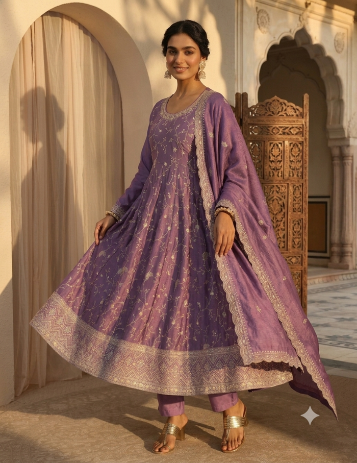 A woman models a traditional Indian outfit consisting of a lavender purple anarkali kurta and dupatta with gold zari embroidery, paired with matching trousers, set against an ornate architectural background with arches and a carved wooden screen.