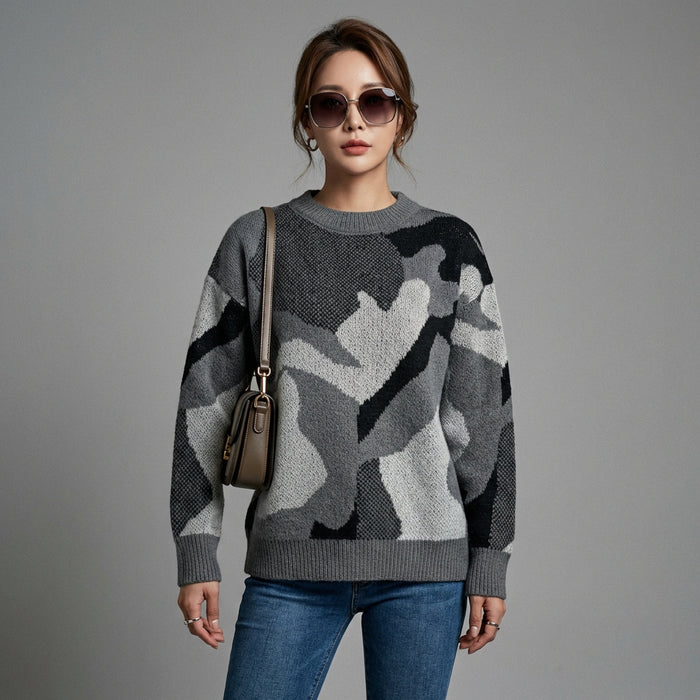 Pull jacquard décontracté gris pour femme - Koreanxwear - Taille S