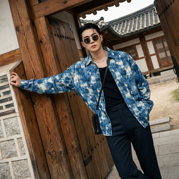 Chemise florale rétro bleue à manches longues - Koreanxwear