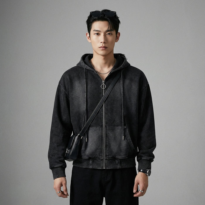 Cardigan à capuche unisexe délavé noir - Koreanxwear - Taille M
