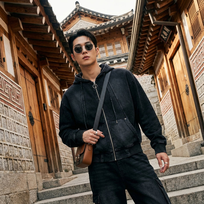 Cardigan à capuche unisexe délavé noir - Koreanxwear