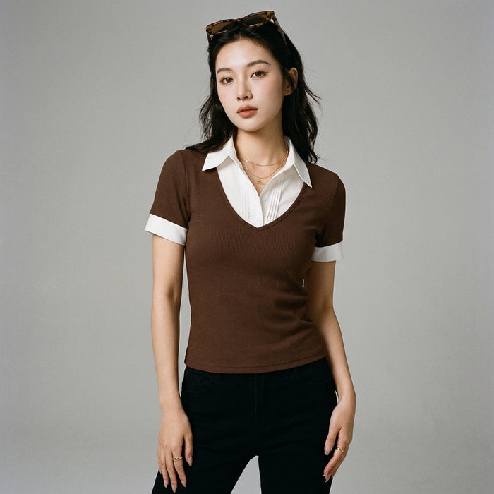 Haut polo bicolore rétro femme - T-shirt côtelé marron K-fashion - Taille S