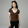 Haut polo bicolore rétro femme - T-shirt côtelé marron K-fashion - Taille S