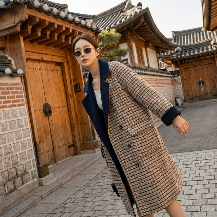 Manteau réversible à carreaux, K-fashion hivernal, coupe ample et élégante.