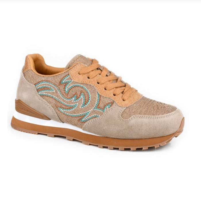 Roper Women's Giddyup Cow Suede and Western Stitch Jogger in Tan