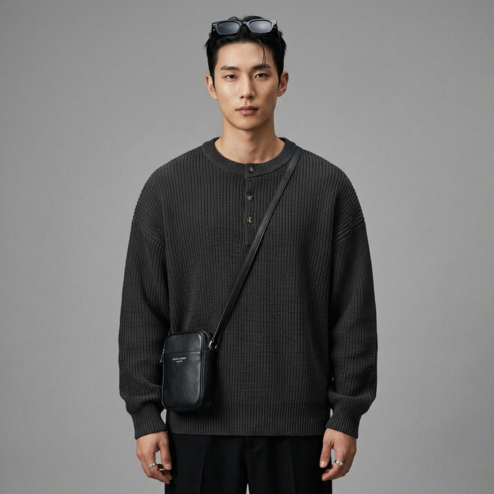 Pull col rond homme manches longues en coton gris foncé - Koreanxwear - Taille L