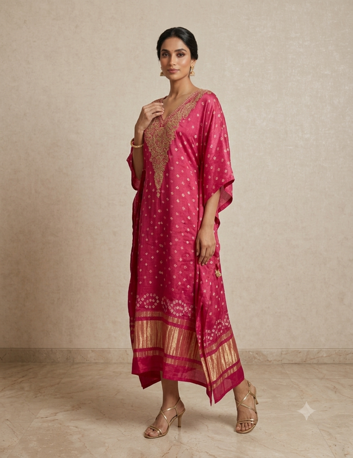 A woman models a bright pink traditional kurta set with gold zari embroidery, a matching embroidered border, and a gold patterned dupatta, set against a neutral beige textured studio backdrop.