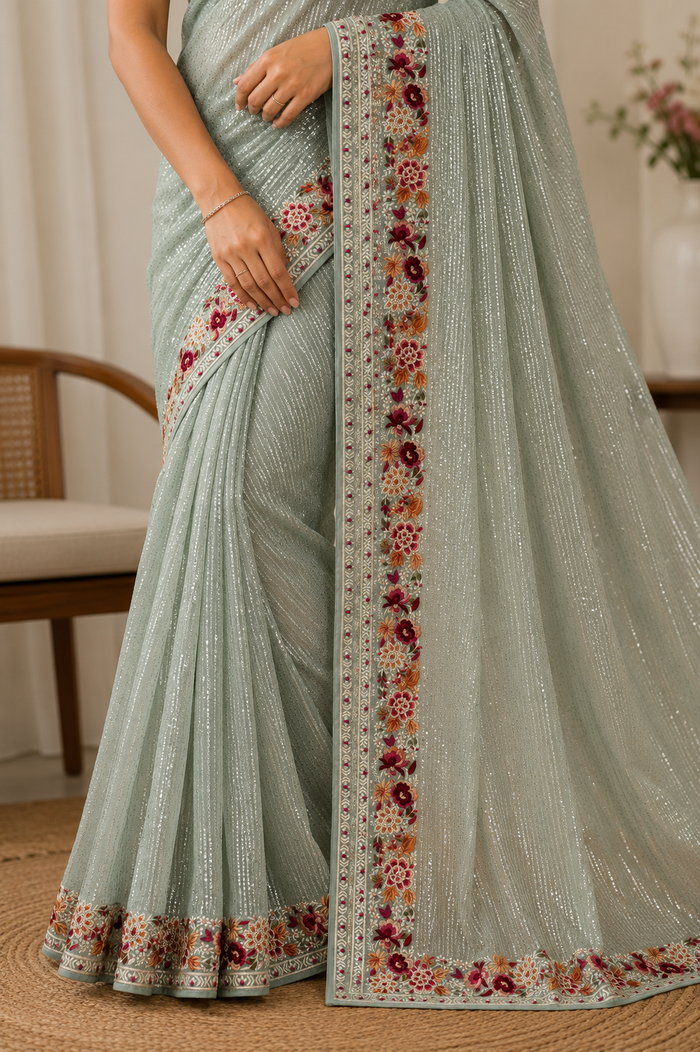 Sage Green Sequin Saree