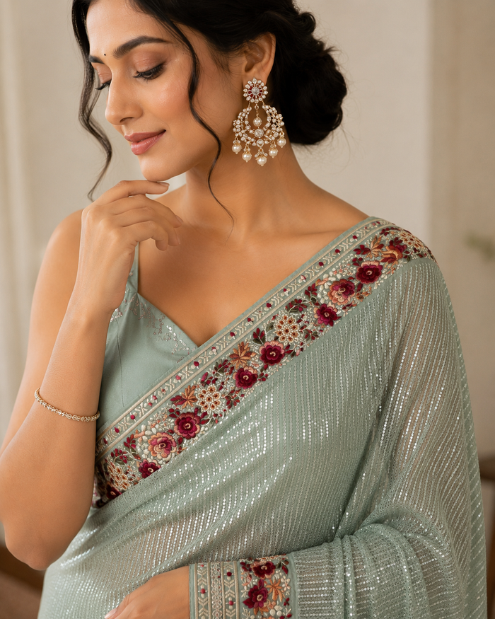 Sage Green Sequin Saree
