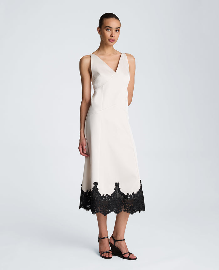 Seamed Slip Midi Dress with Lace Hem
