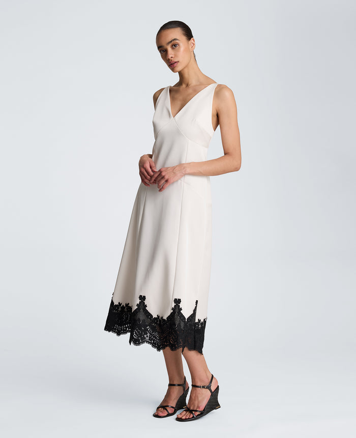 Seamed Slip Midi Dress with Lace Hem