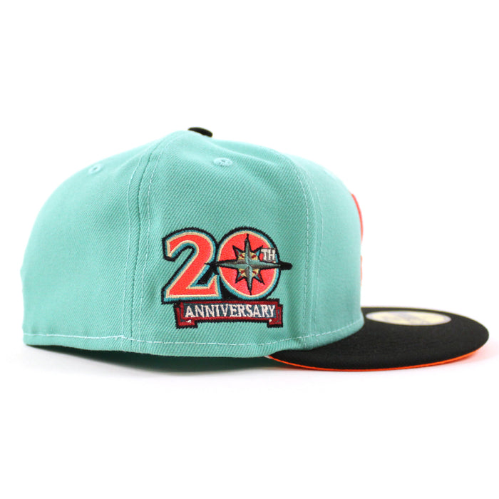 Seattle Mariners 20TH Anniversary New Era 59Fifty Fitted Hat (CLEAR MINT BLACK HUNTER FLAME ORANGE Under Brim)