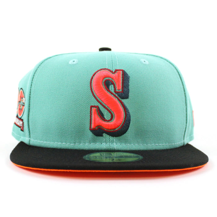 Seattle Mariners 20TH Anniversary New Era 59Fifty Fitted Hat (CLEAR MINT BLACK HUNTER FLAME ORANGE Under Brim)