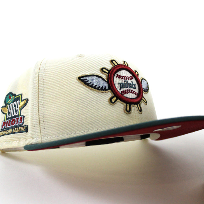 Seattle Pilots 1969 Pilots New Era Fitted 59Fifty Hat (Glow in the Dark CHROME WHITE PINE NEEDLE GREEN PINOT RED Under brim)