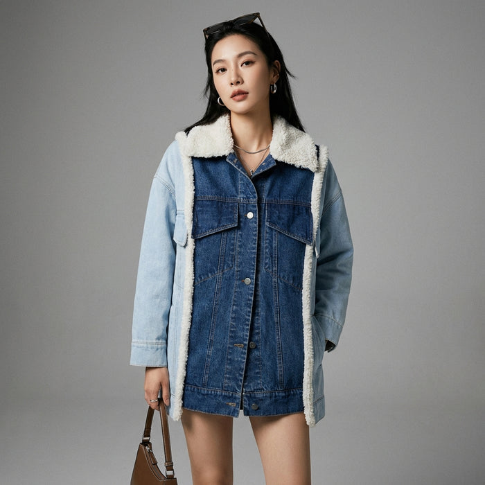 Veste en jean femme avec col imitation mouton, style K-fashion décontracté. Couleur contrastée, coupe ample. - Taille S
