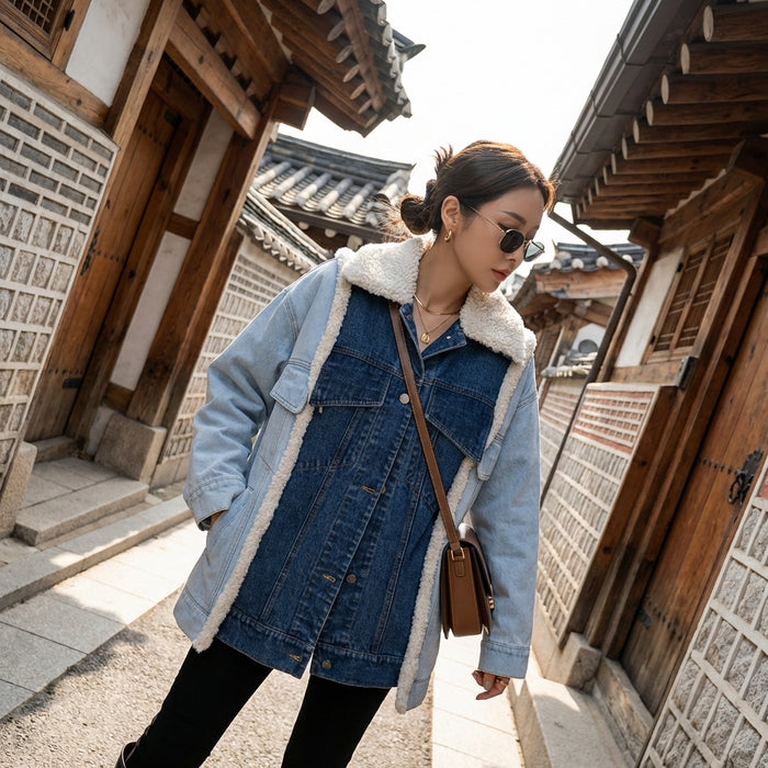 Veste en jean femme avec col imitation mouton, style K-fashion décontracté. Couleur contrastée, coupe ample.