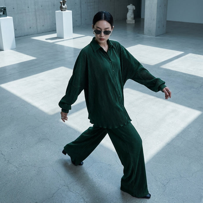 Ensemble chemise verte manches longues et pantalon large femme - Koreanxwear