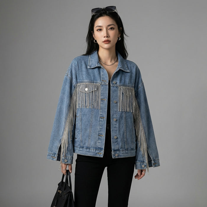 Veste courte en denim bleu avec franges et chaînes pour femme - Koreanxwear - Taille M