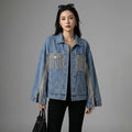Veste courte en denim bleu avec franges et chaînes pour femme - Koreanxwear - Taille M