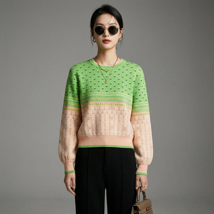 Pull court tricoté jacquard color block femme - Koreanxwear - Taille S