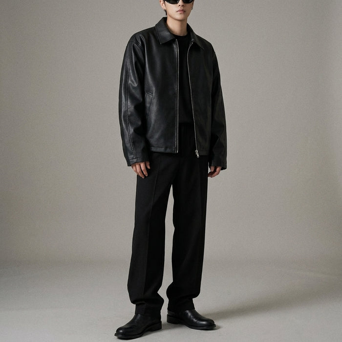 Veste en cuir courte oversize homme noire style streetwear - Koreanxwear - Taille M