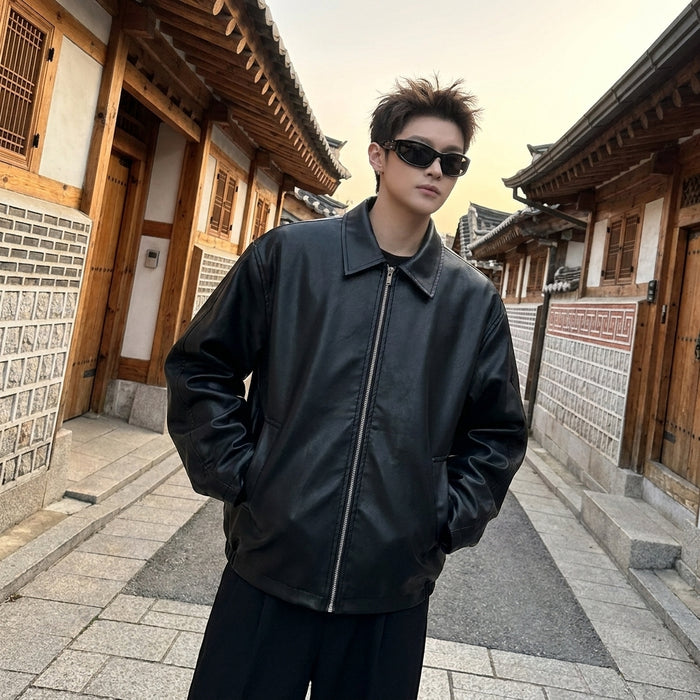 Veste en cuir courte oversize homme noire style streetwear - Koreanxwear