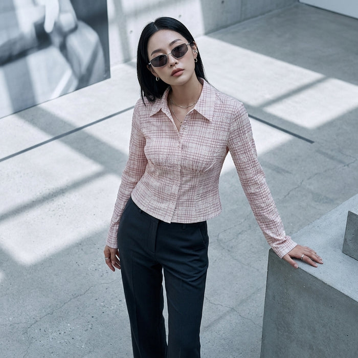 Chemise courte à carreaux rose pour femme - Koreanxwear