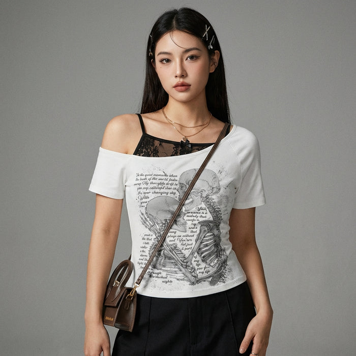 T-Shirt blanc femme imprimé crâne épaules dénudées Streetwear - Koreanxwear - Taille S