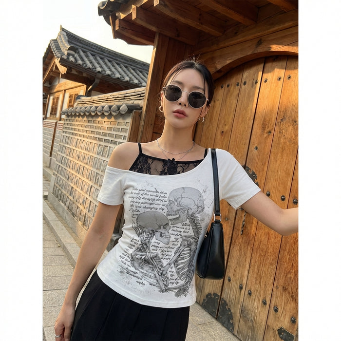 T-Shirt blanc femme imprimé crâne épaules dénudées Streetwear - Koreanxwear
