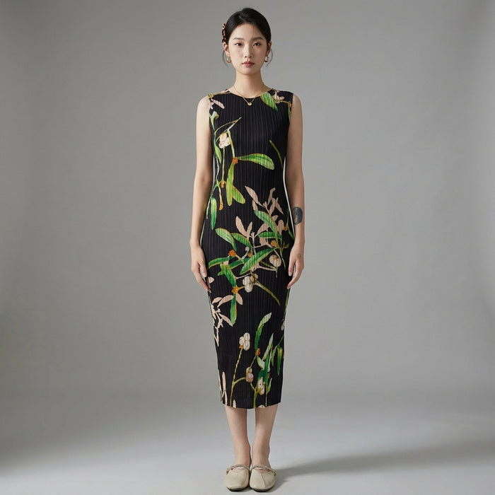 Robe longue plissée sans manches col rond - Mode Coréenne - Taille One Size