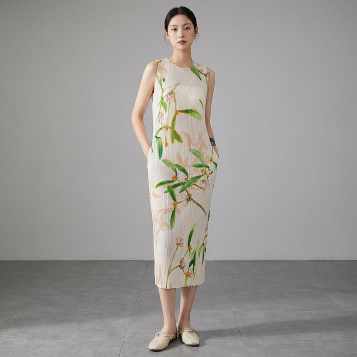 Robe longue plissée sans manches col rond - Mode Coréenne - Taille One Size
