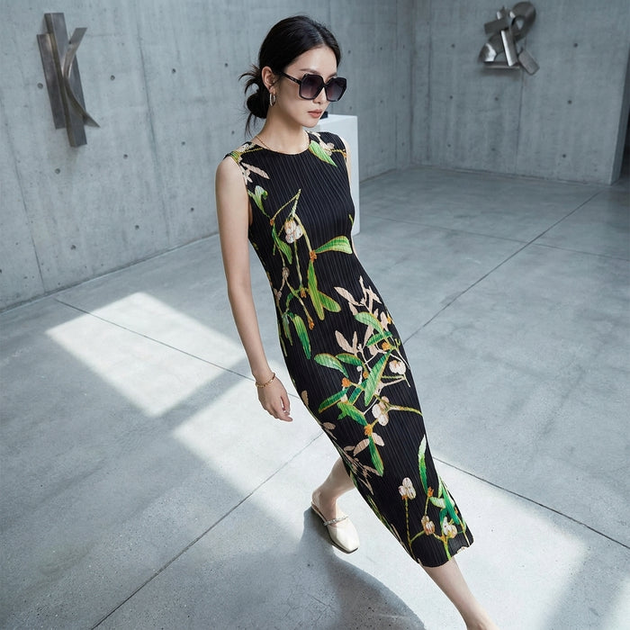 Robe longue plissée sans manches col rond - Mode Coréenne