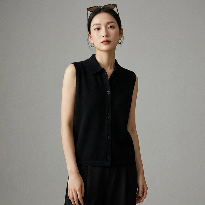 Cardigan sans manches à col polo, couleur unie - Koreanxwear - Taille One Size