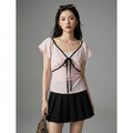 T-Shirt rose slim fit col V nœud papillon - Koreanxwear - Taille S