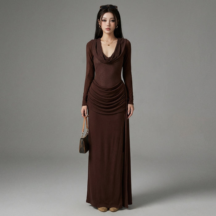 Robe longue à capuche fendue marron - Mode Coréenne décontractée - Taille S