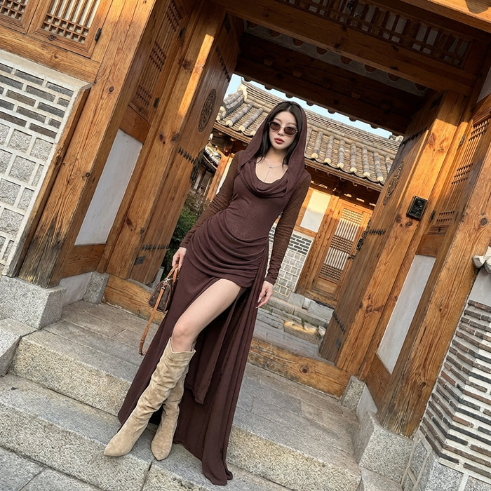 Robe longue à capuche fendue marron - Mode Coréenne décontractée