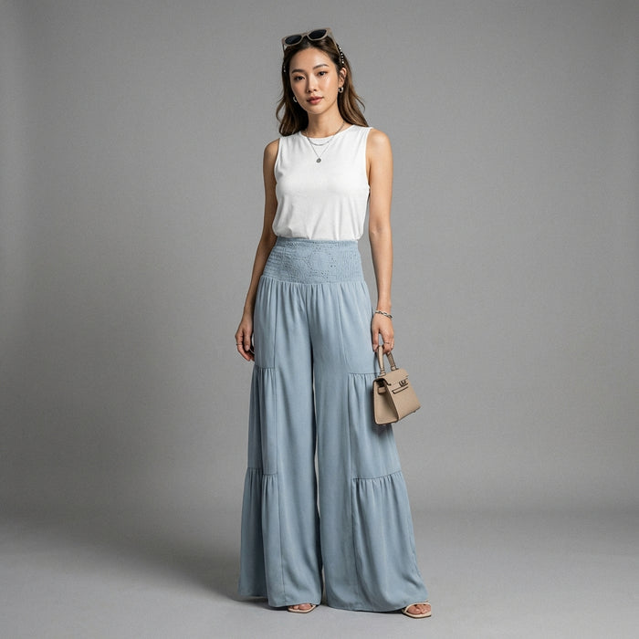 Pantalon femme taille haute smocké bleu clair - Mode K-fashion Koreanxwear - Taille S