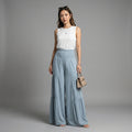 Pantalon femme taille haute smocké bleu clair - Mode K-fashion Koreanxwear - Taille S