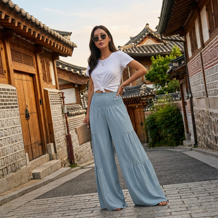 Pantalon femme taille haute smocké bleu clair - Mode K-fashion Koreanxwear