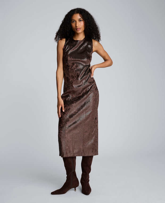 Snake Skin Textured Velvet Crew Neck Sheath Midi Dress