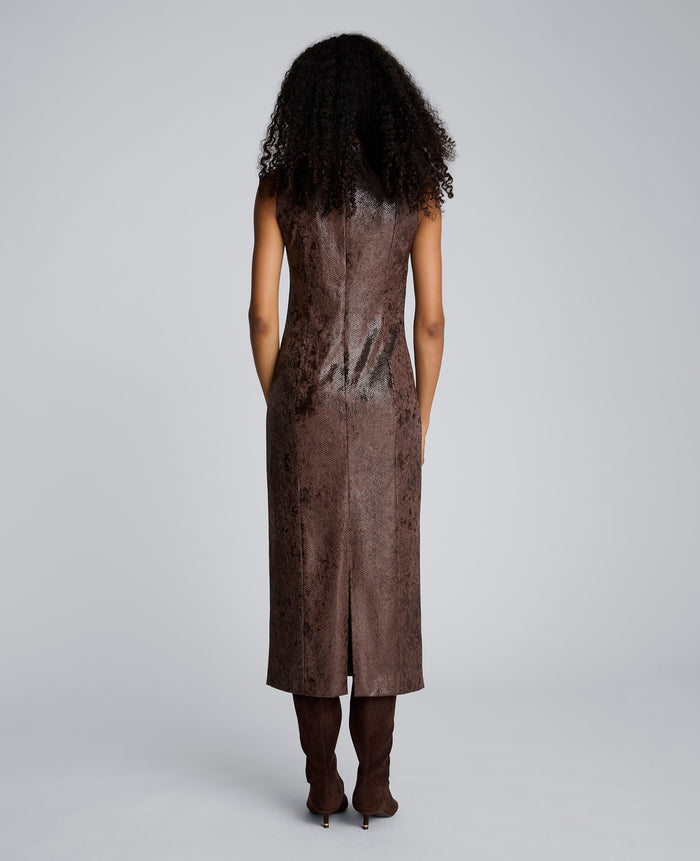 Snake Skin Textured Velvet Crew Neck Sheath Midi Dress