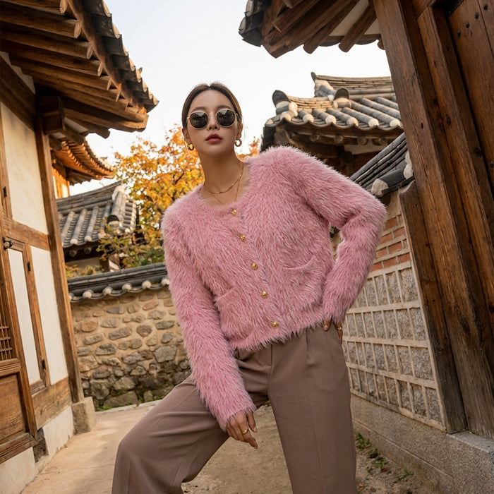 Cardigan en maille douce couleur unie pour femme - Koreanxwear