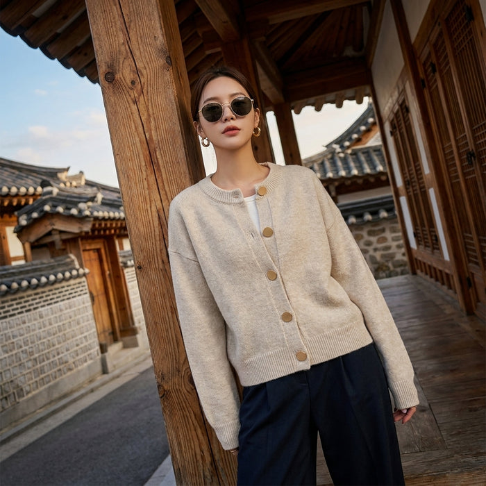 Cardigan maille col rond doux beige - Koreanxwear